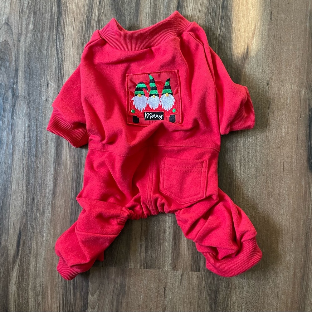 Red Merry Holiday Dog Pajamas with Gnome Design